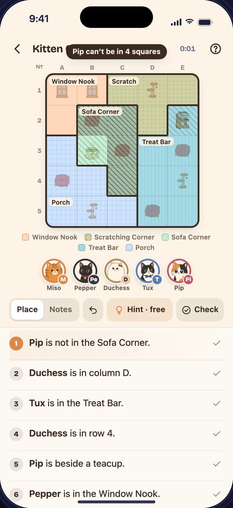A Cat Café board with one clue selected and the squares it rules out hatched