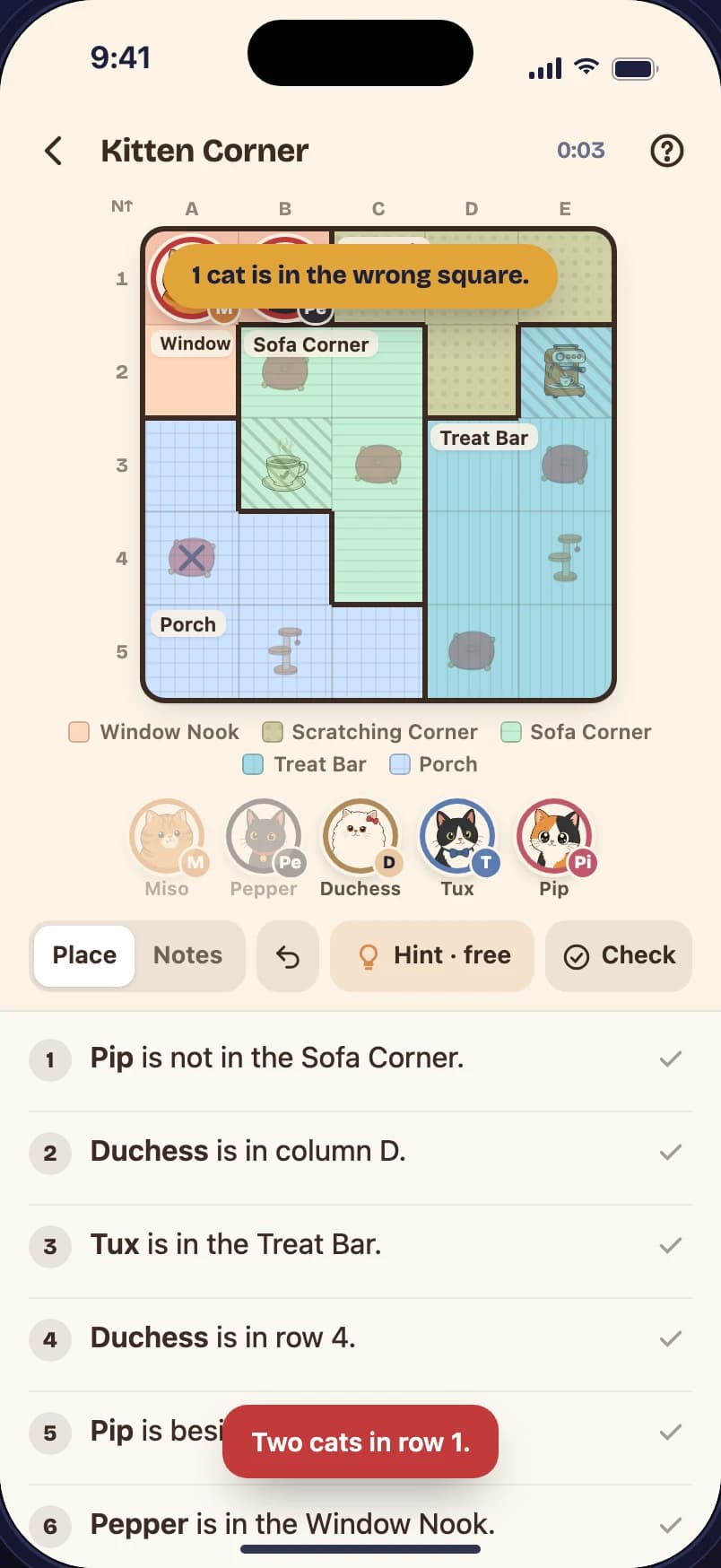 A Cat Café board with cats placed and a check saying one cat is in the wrong square
