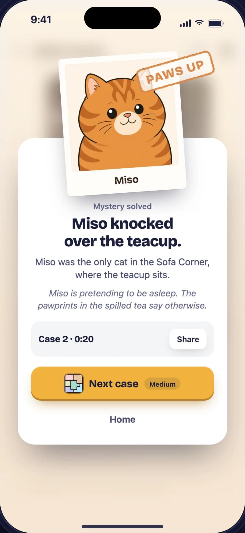The reveal card: Miso knocked over the teacup, stamped Paws up