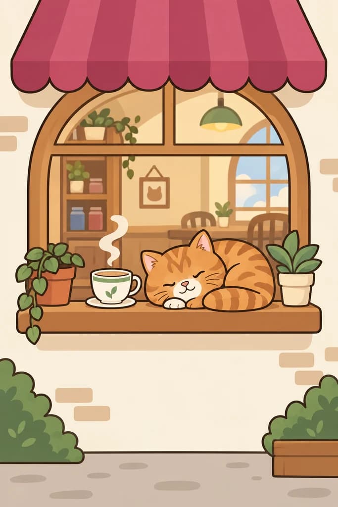 A cat café window with a striped awning and Miso asleep beside a steaming cup