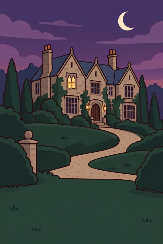 A gabled manor at dusk under a crescent moon, windows lit