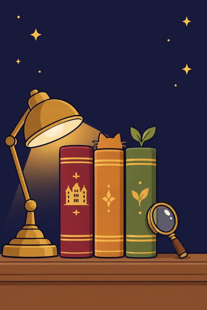 Three storybooks for the manor, café and garden under a brass desk lamp at night